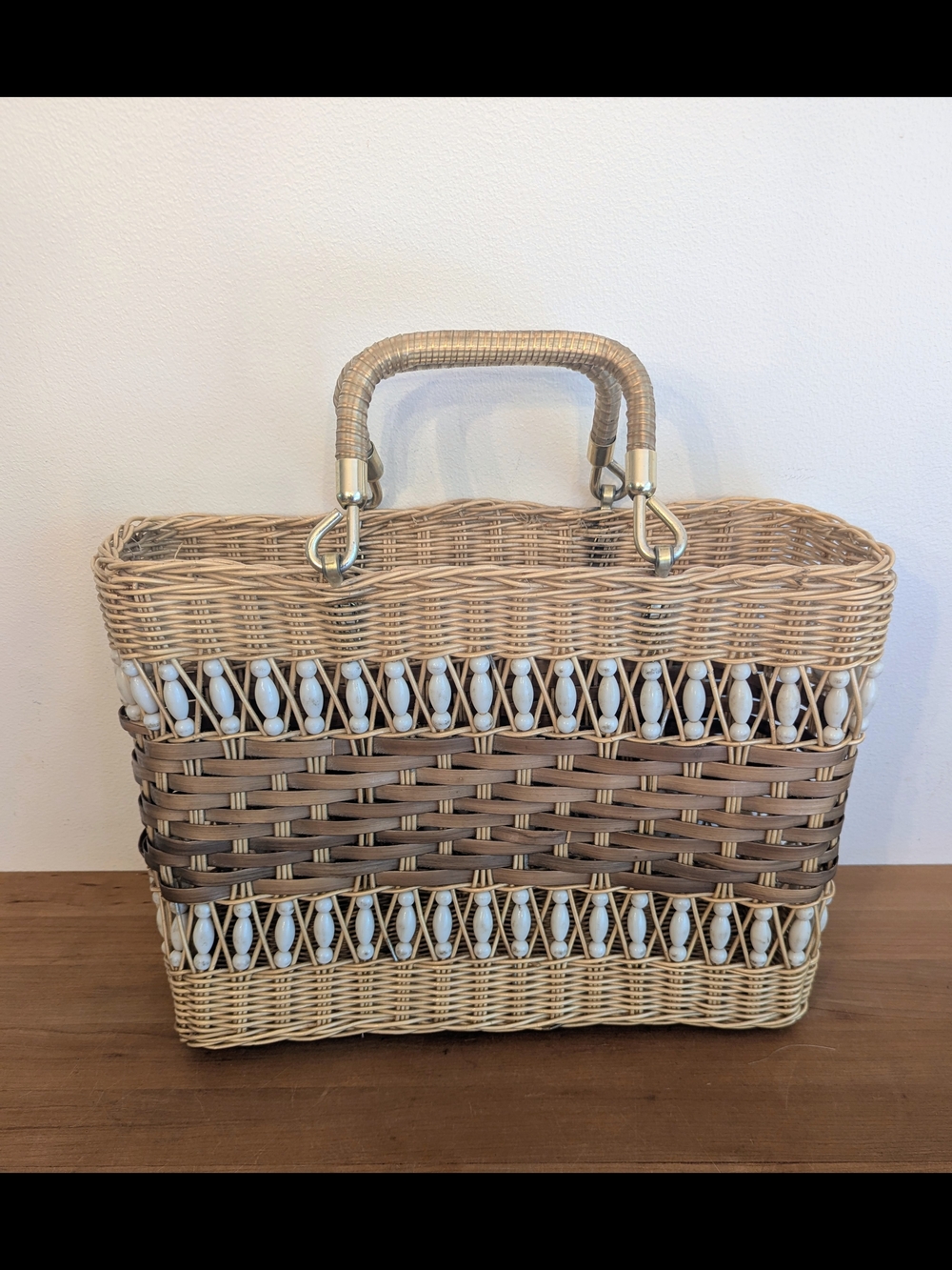 Vintage Beaded Wicker Basket Bag Top Handle Boho Cottagecore